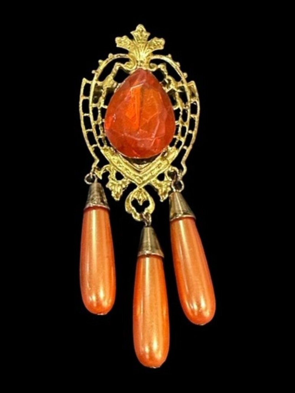 Vintage 80s Gold Tone Brooch With Orange Faceted Stone & Dangling Pearls